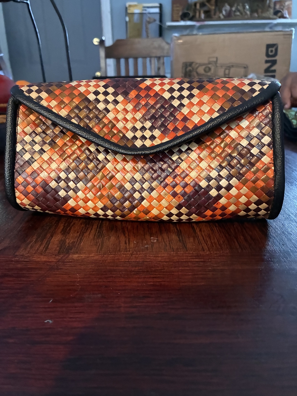 Woven Multicolor Clutch Bag - Orange, Brown & Cream
